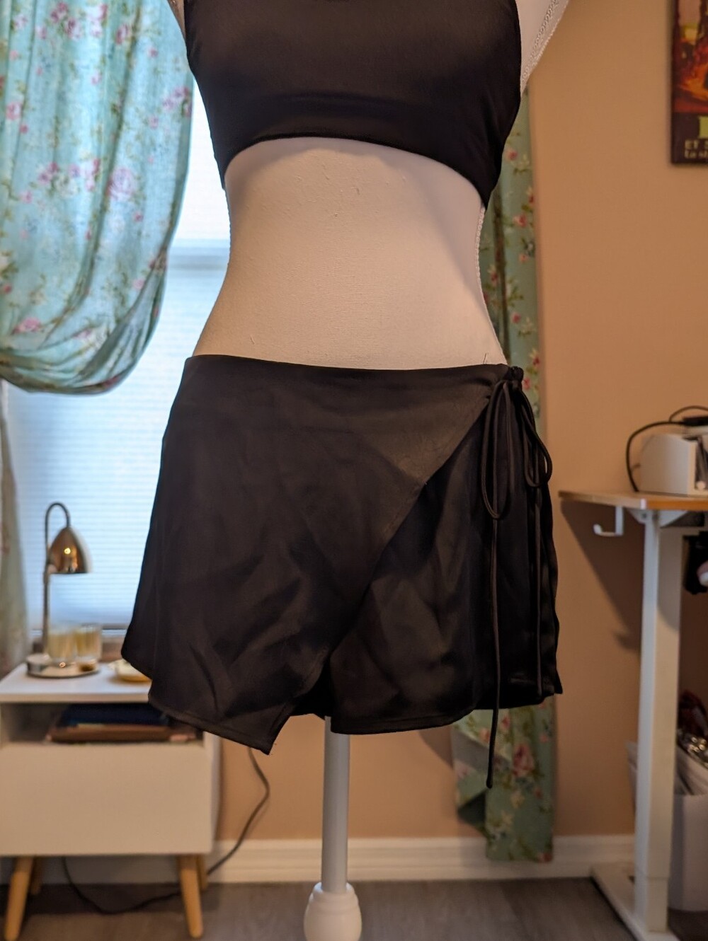 Lioness Black Satin Wrap Mini Skort with Side Tie